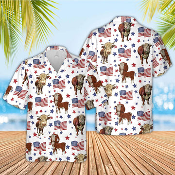 Unique Hereford American Flag Pattern Hawaiian Shirt