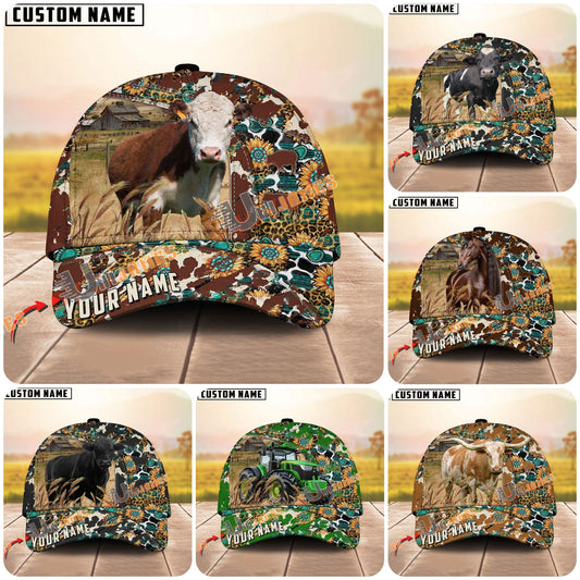 Unijames Cattle Sunflower Western Cowhide Personalized Name 3D Classic Cap