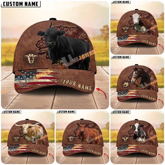 Unijames Cattle Brown Carving American Flag Personalized Name 3D Cap