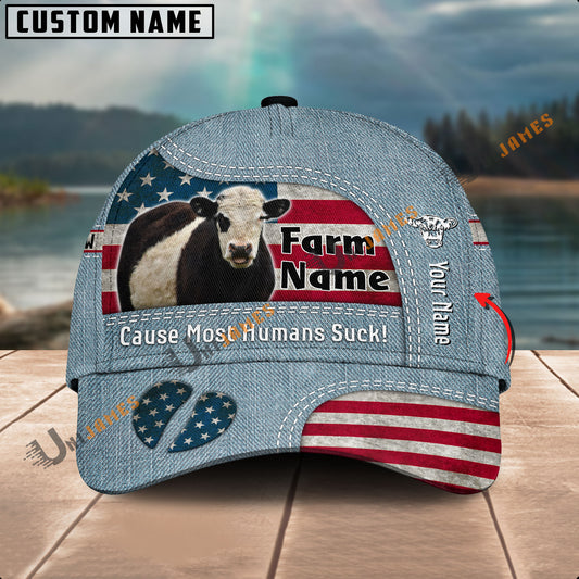 Uni Belted Galloway US Flag Jeans Pattern Customized Name And Farm Name Cap