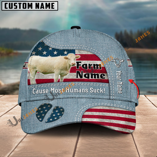Uni Charolais US Flag Jeans Pattern Customized Name And Farm Name Cap