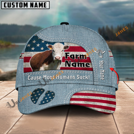Uni Hereford US Flag Jeans Pattern Customized Name And Farm Name Cap