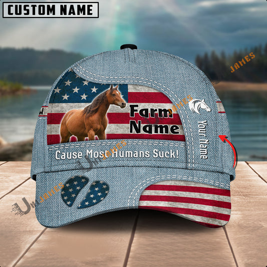 Uni Horse US Flag Jeans Pattern Customized Name And Farm Name Cap