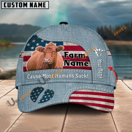 Uni Red Angus US Flag Jeans Pattern Customized Name And Farm Name Cap