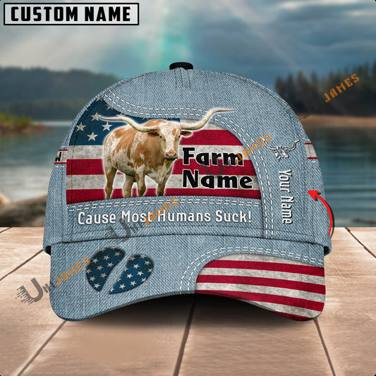 Uni Texas Longhorn US Flag Jeans Pattern Customized Name And Farm Name Cap