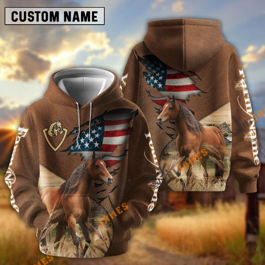 UniJames American Flag Leather Pattern Horse Cattle Personalized Name And Farm Name 3D Hoodie