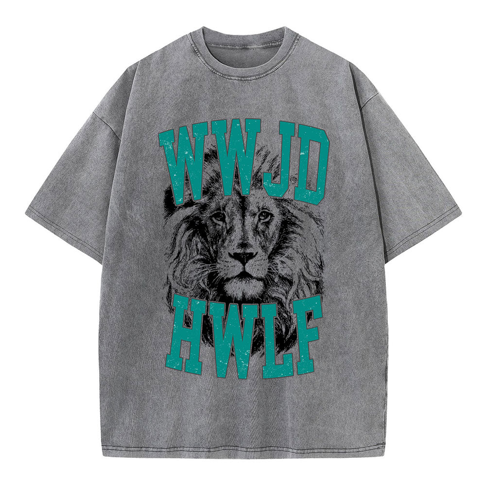 WWJD Lion Christian Washed T-Shirt Sale - GuidingCross