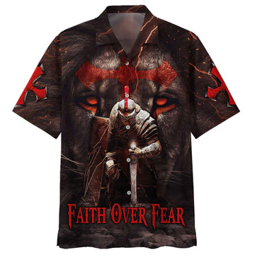 UniJames Warrior Of Christ Lion Cross Faith Over Fear Hawaiian Shirts - Christian Hawaiian Shirt - Hawaiian Shirts For Men