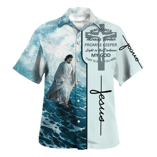 UniJames Way Maker Miracle Worker Promise Keeper Light In The Darkness Jesus Walking On Water Hawaiian Shirt - Christian Hawaiian Shirt - Best Hawaiian Shirts