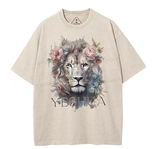 Yeshua And Lion Christian Washed T-Shirt Sale - GuidingCross