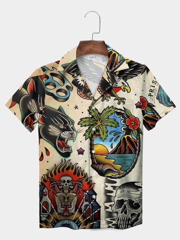 UniJames Beige Skull Tiki Cat Tropical Vintage Tattoo Hawaiian Shirt