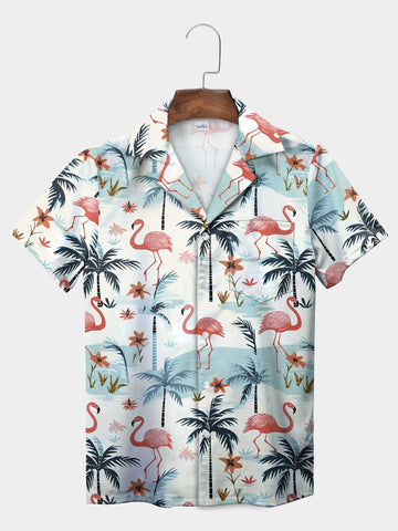 UniJames Beige Tropical Paradise Flamingo Hawaiian Shirt
