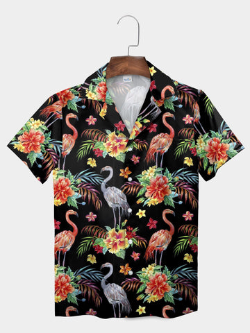 UniJames Black Flamingo Floral Hibiscus Hawaiian Shirt