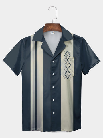 UniJames Blue Retro Diamond Vertical Stripe Hawaiian Shirt