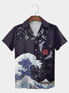 UniJames Black Japanese Wave and Crane Cherry Blossom Hawaiian Shirt