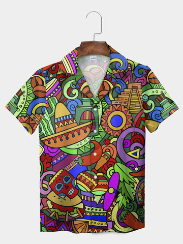 UniJames Black Mexican Fiesta Colorful Symbols Short Sleeve Hawaiian Shirt