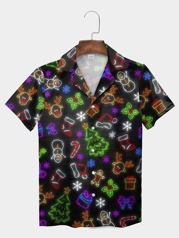 UniJames Black Neon Icons Gingerbread Snowflake Tree Short Sleeve Aloha Shirt