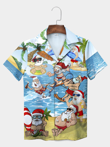 UniJames Blue Santa Claus Christmas Beach Vacation Tropical Fun Hawaiian Shirt