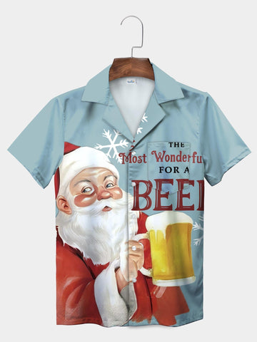 UniJames Blue Santa Claus Holding Beer Mug Fun Holiday Celebration Hawaiian Shirt