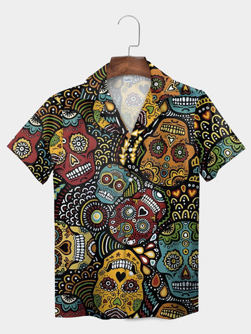 UniJames Brown Festive Sugar Skull Day of the Dead Hawaiian Shirt