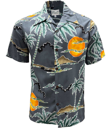 UniJames Retro Scenic Palm - Charcoal Short Sleeve Hawaiian Shirt