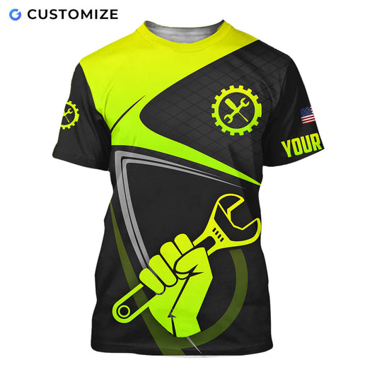 UniJames Mechanic Loves Work Green Personalized Name Flag 3D Over Printed Shirts No