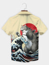 UniJames Gray Cat Ukiyo-e Wave Godzilla Style Short Sleeve Aloha Shirt