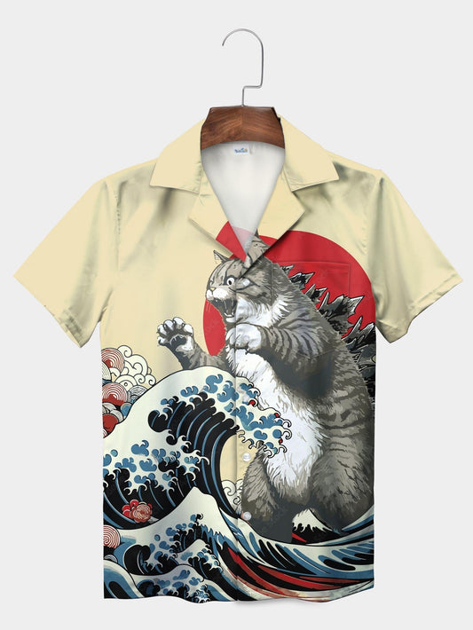 UniJames Gray Cat Ukiyo-e Wave Godzilla Style Short Sleeve Aloha Shirt