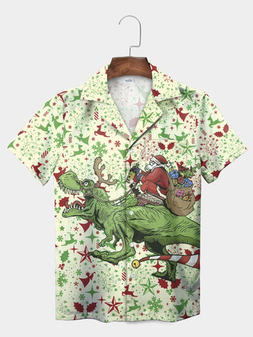 UniJames Green Santa Riding Dinosaur Gift Christmas Short Sleeve Aloha Shirt