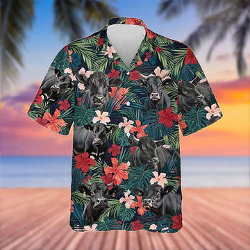 Uni Black Angus Cattle Red Tropical Flowers Hawaiian Shirt