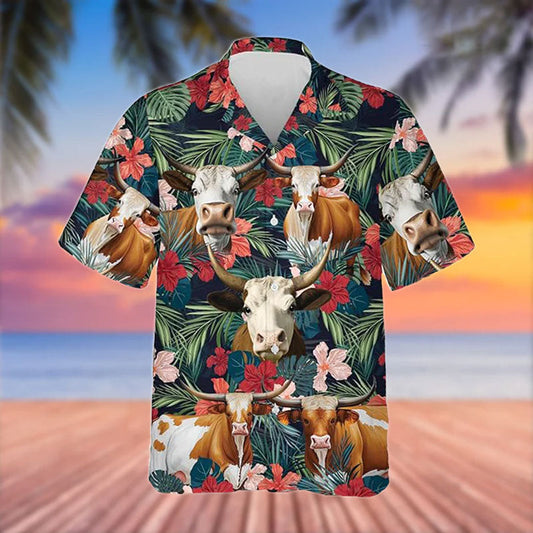 Uni Texas Longhorn Cattle Red Tropical Flowers Hawaiian Shirt