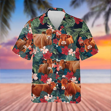 Uni Red Angus Cattle Red Tropical Flowers Hawaiian Shirt