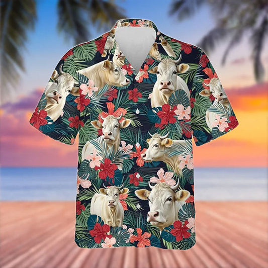 Uni Charolais Cattle Red Tropical Flowers Hawaiian Shirt