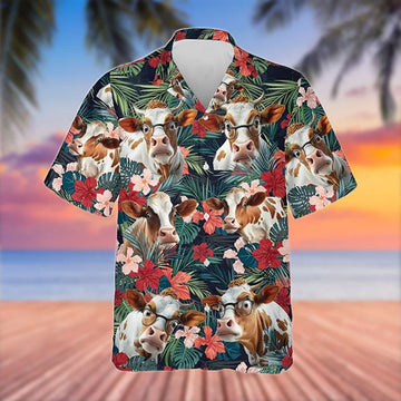 Uni Shorthorn Cattle Red Tropical Flowers Hawaiian Shirt