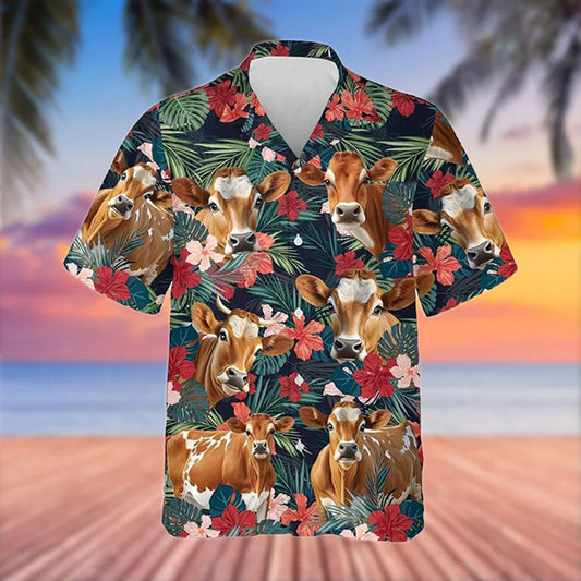 Uni Jersey Cattle Red Tropical Flowers Hawaiian Shirt