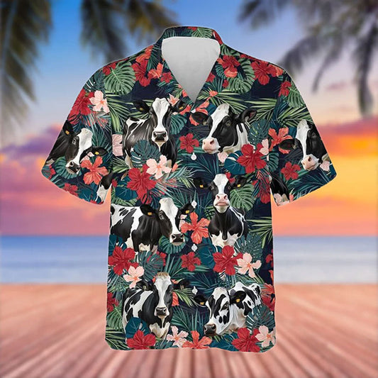 Uni Holstein Cattle Red Tropical Flowers Hawaiian Shirt