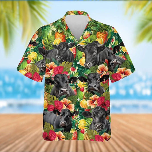 Uni Black Angus Cattle Tropical Fruits Pattern Hawaiian Shirt