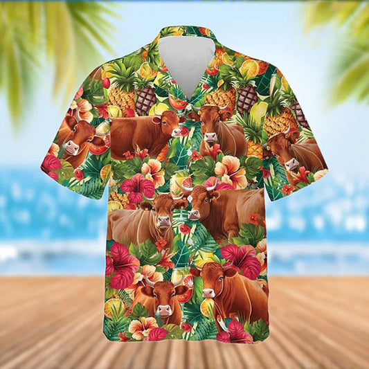 Uni Red Angus Cattle Tropical Fruits Pattern Hawaiian Shirt