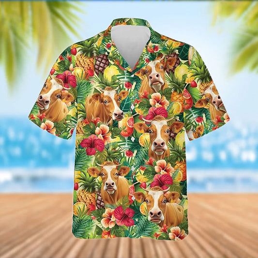 Uni Limousin Cattle Tropical Fruits Pattern Hawaiian Shirt