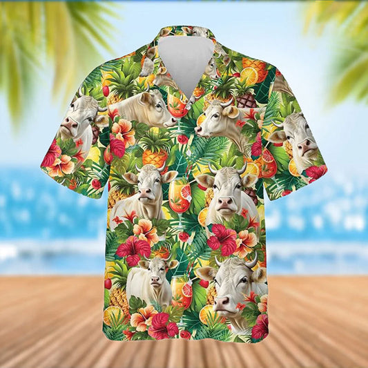 Uni Charolais Cattle Tropical Fruits Pattern Hawaiian Shirt