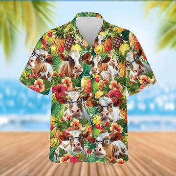 Uni Shorthorn Cattle Tropical Fruits Pattern Hawaiian Shirt