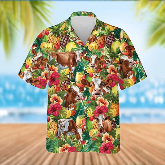 Uni Simmental Cattle Tropical Fruits Pattern Hawaiian Shirt