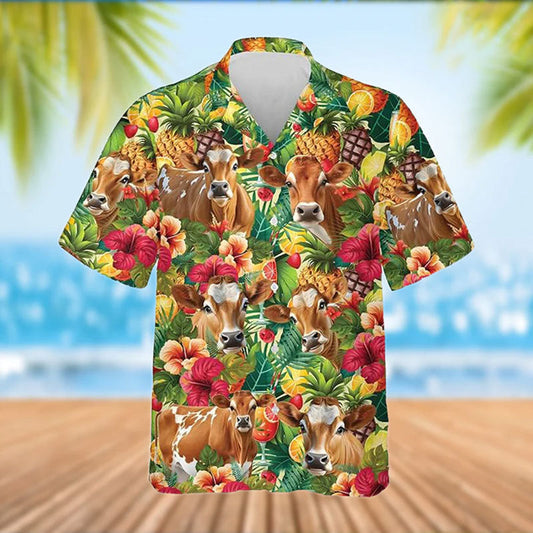 Uni Jersey Cattle Tropical Fruits Pattern Hawaiian Shirt