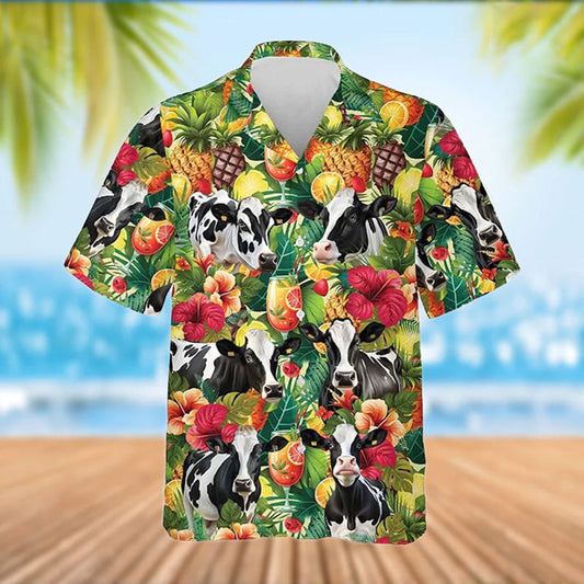 Uni Holstein Cattle Tropical Fruits Pattern Hawaiian Shirt