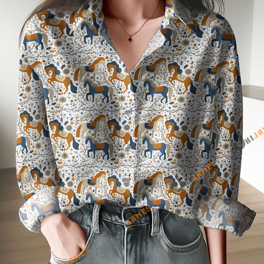 Unique Horse Flower Pattern Casual Shirt
