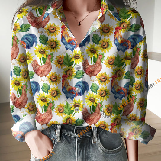 Unique Watercolor Chicken & Rooster Sunflower Casual Shirt