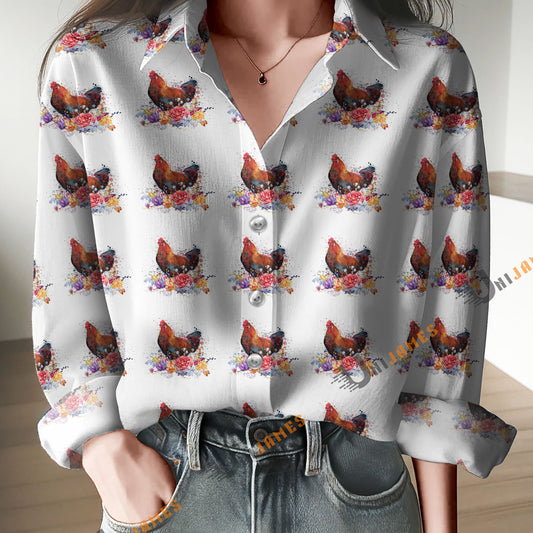 Unique Watercolor Rooster With Flowers Casual Shirt