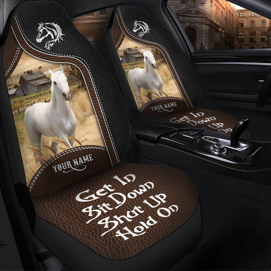 Uni White Horse Personalized Name Black And Brown Leather Pattern Car Seat Covers Universal Fit (2Pcs)