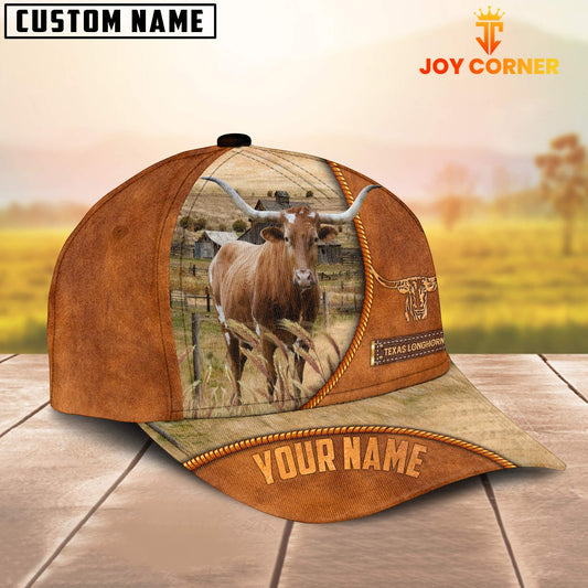 Uni Custom Name Texas Longhorn Leather Pattern Cap TT4