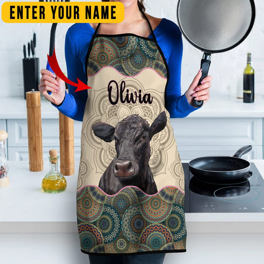 Uni Personalized Name Mandala Pattern Black Angus All Over Printed 3D Apron